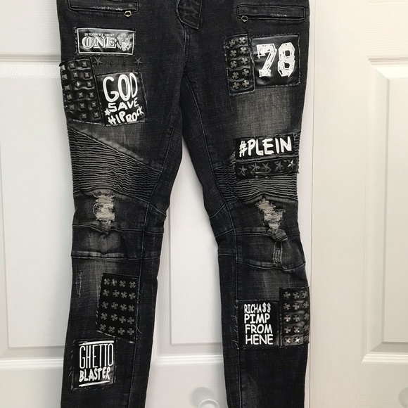 Mens patched up rock n roll studded distressed bootcut jeans - Picture 4 of 5